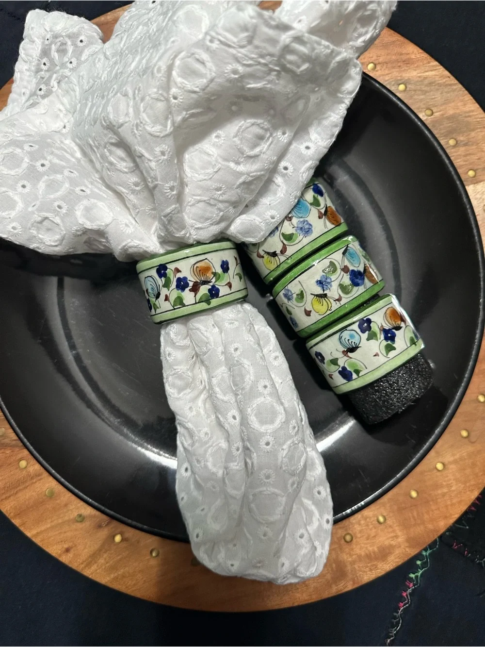 Ceramic Floral Napkin Ring - White & Multi Accent